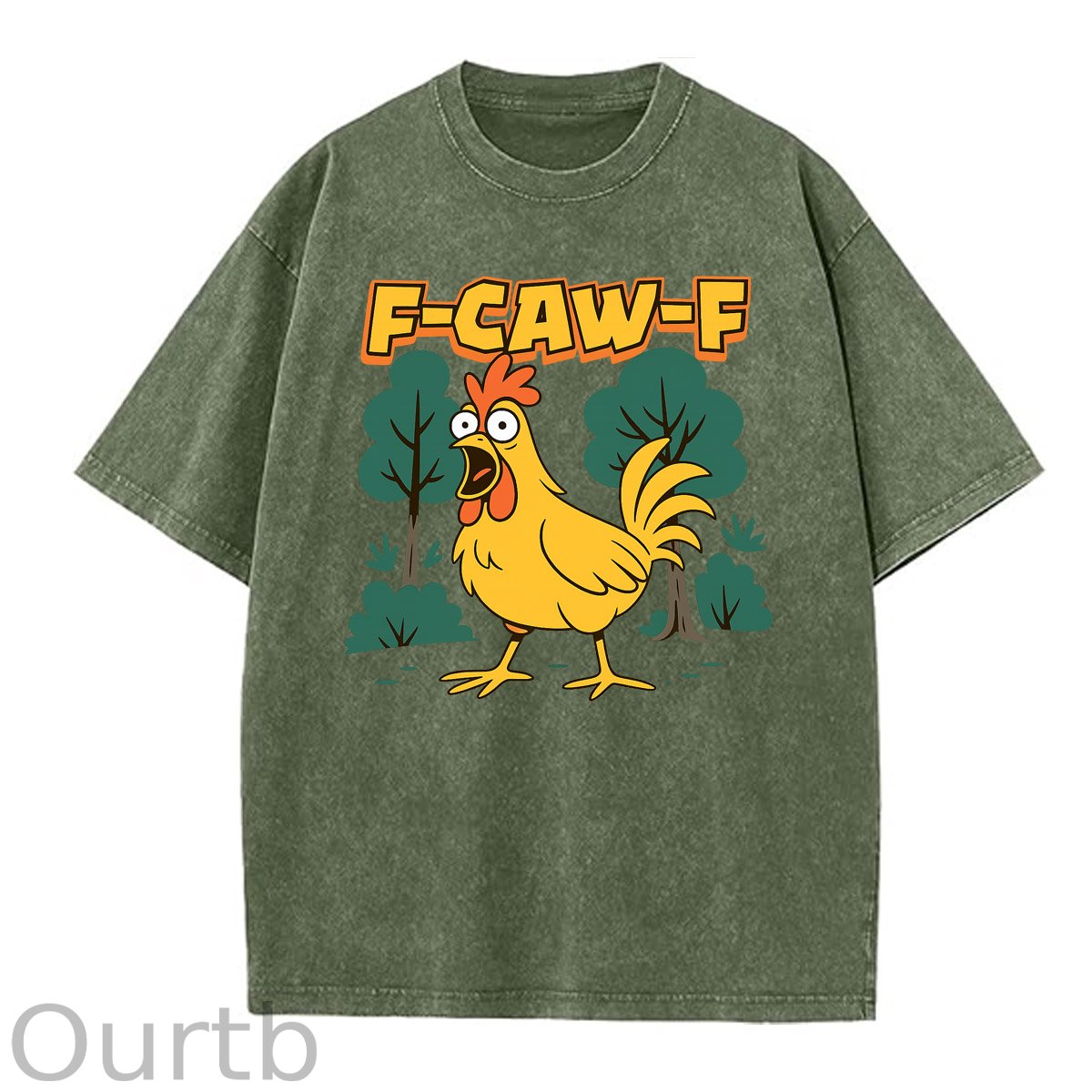F-Caw-F Crazy Shocked Chicken Pattern  Washed Distressed Crew Neck 100% Cototon T-Shirt
