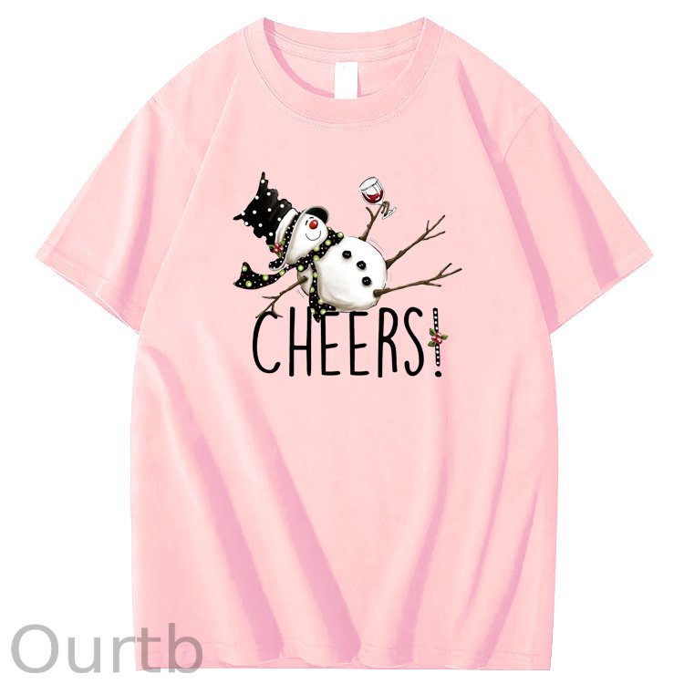 Christmas Cheers Snowman Pattern 100% Cotton Crew Neck T-Shirt