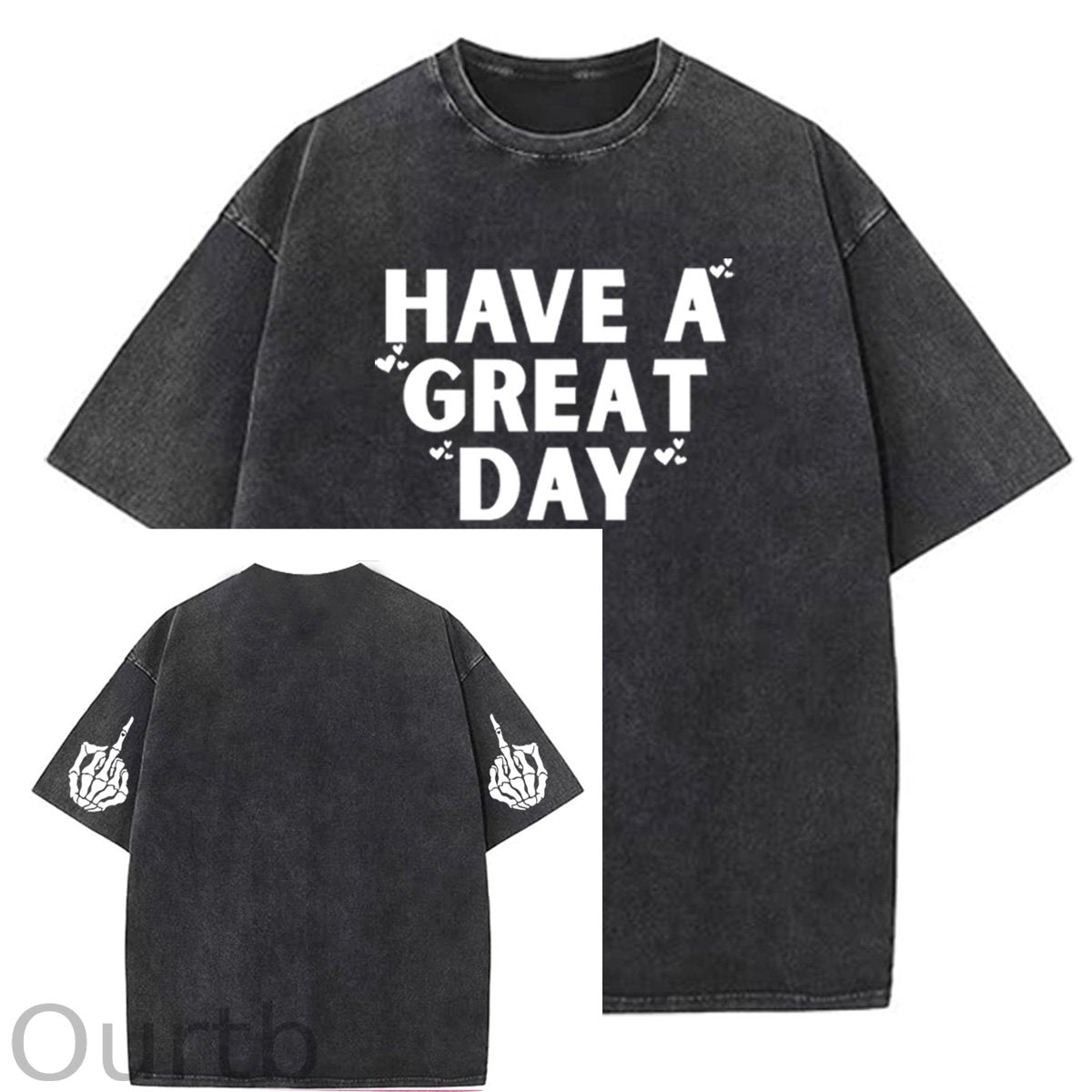 Have A Great Day Pattern  Washed Distressed Crew Neck 100% Cototon T-Shirt