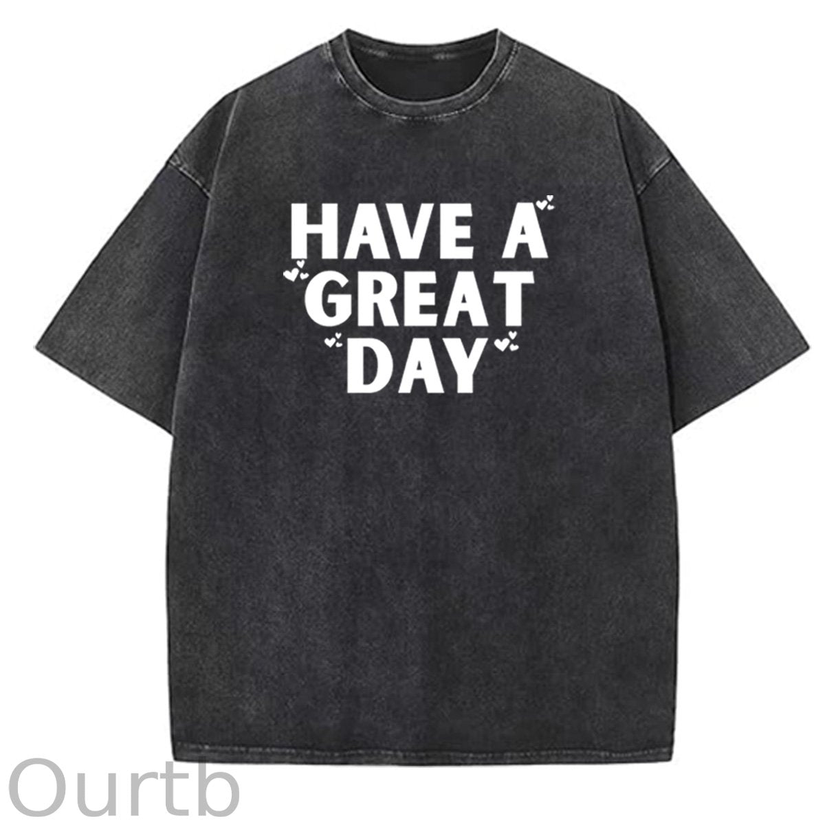 Have A Great Day Pattern  Washed Distressed Crew Neck 100% Cototon T-Shirt