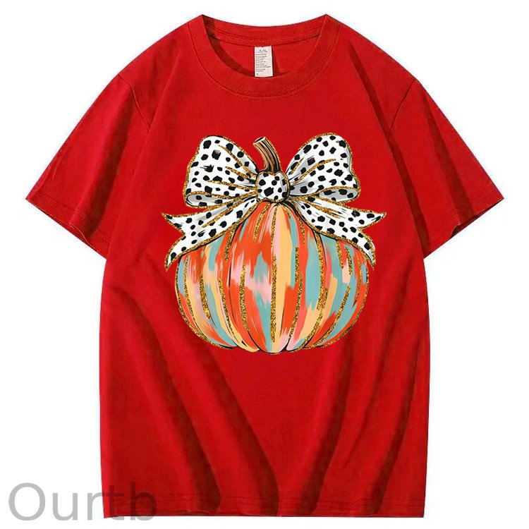 Coquette Bow Pumpkin Season Autumn Fall Leaves Thanksgiving 100% Cotton T-Shirt