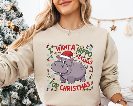 Christmas Hippo   Pattern 100% 300g CottonCrew Neck Sweatshirt