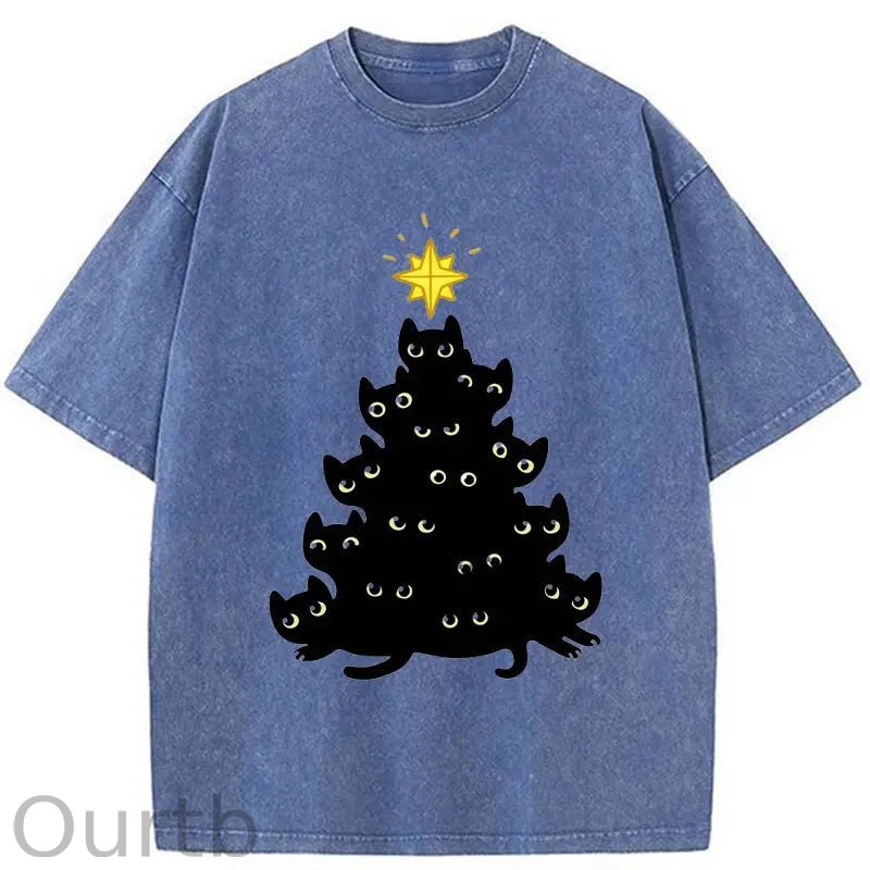 Black Cat Christmas Tree Washed T-Shirt