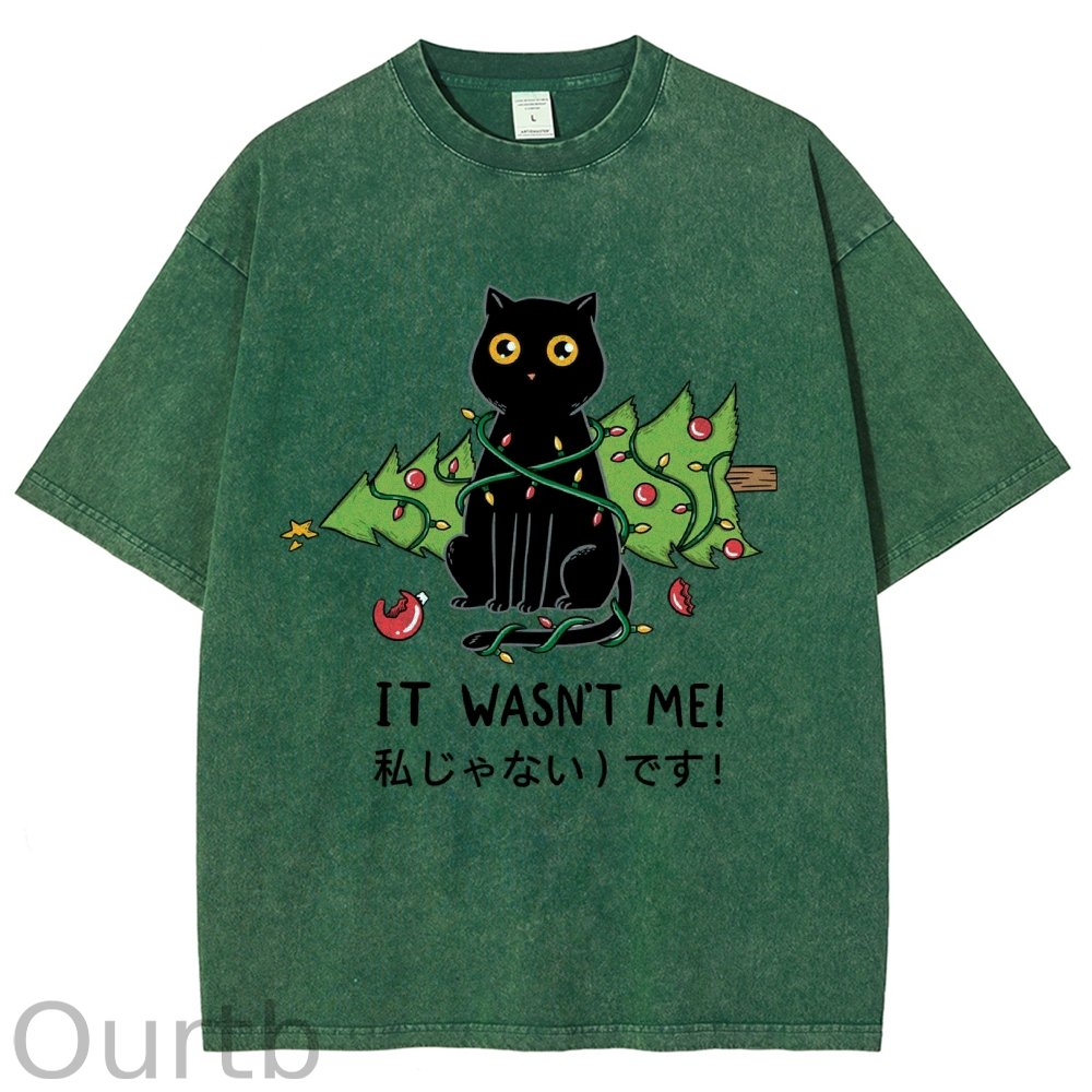 Unisex Christmas Cat Printed Washed Tee
