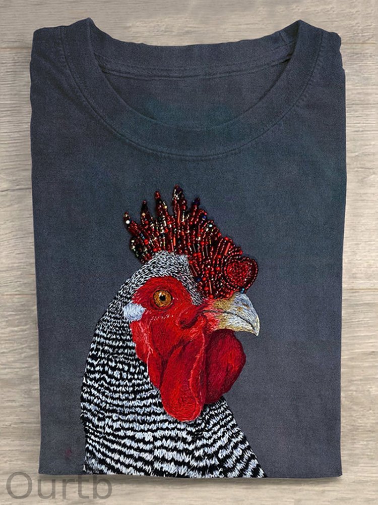 Vintage Funny Chicken Print Round Neck T-Shirt