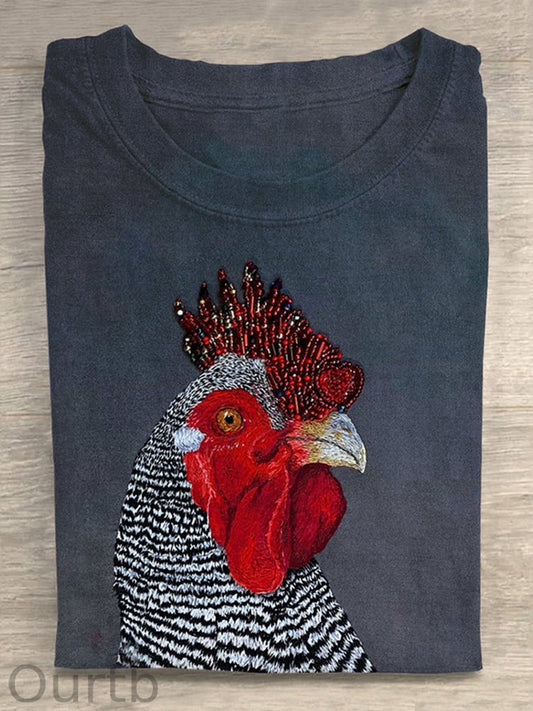 Vintage Funny Chicken Print Round Neck T-Shirt
