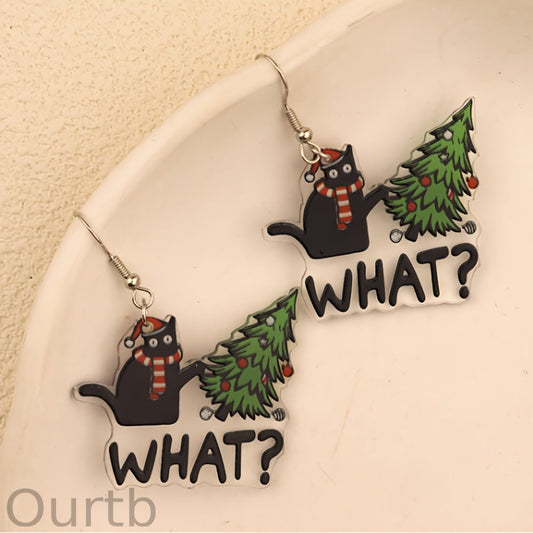 Black Cat & Christmas Tree Cartoon Earrings