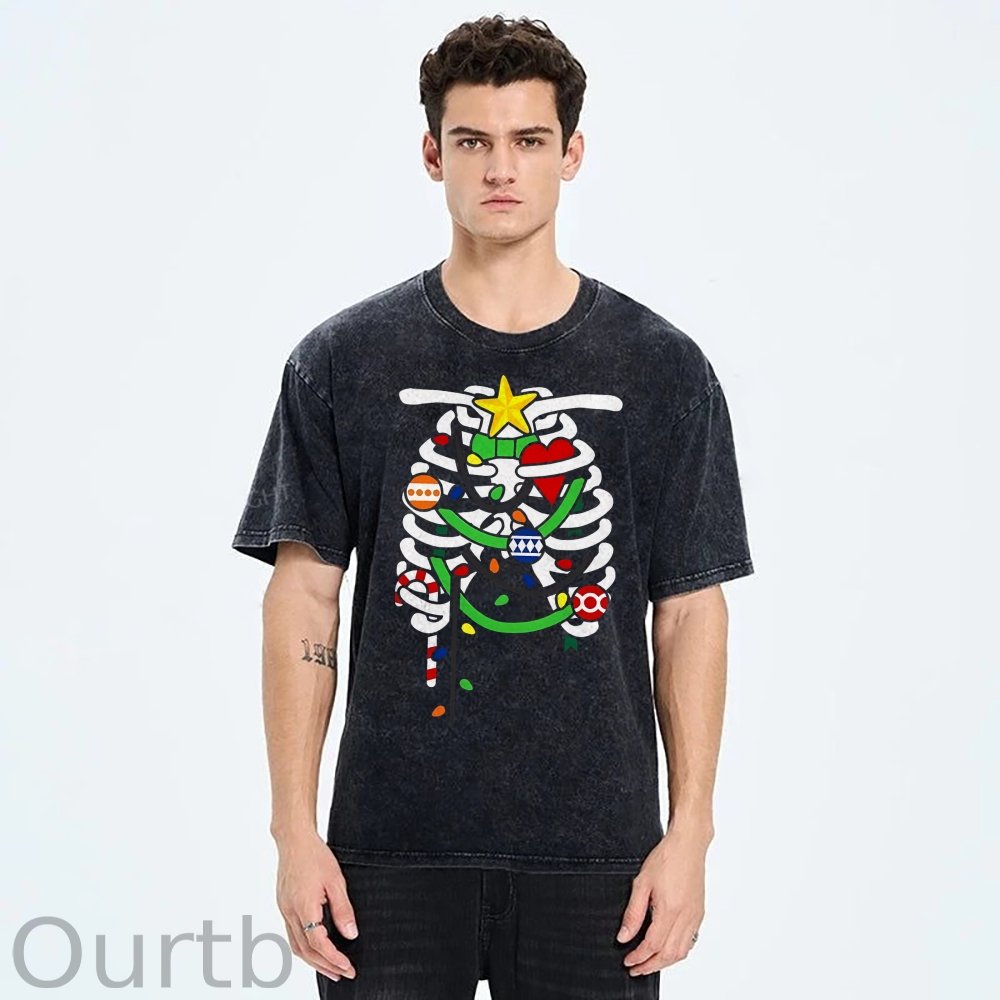 Unisex Christmas Skull Printed Washed Tee