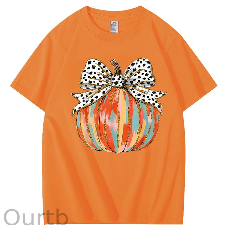 Coquette Bow Pumpkin Season Autumn Fall Leaves Thanksgiving 100% Cotton T-Shirt