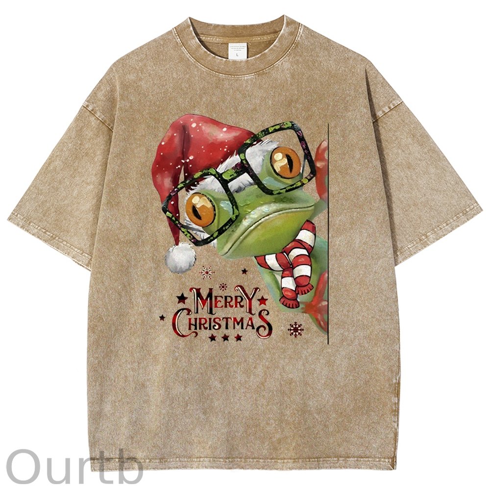 Unisex Christmas Frog Printed Washed Tee