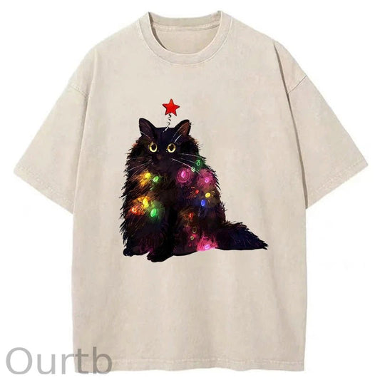 Christmas Lights Cat Washed T-Shirt