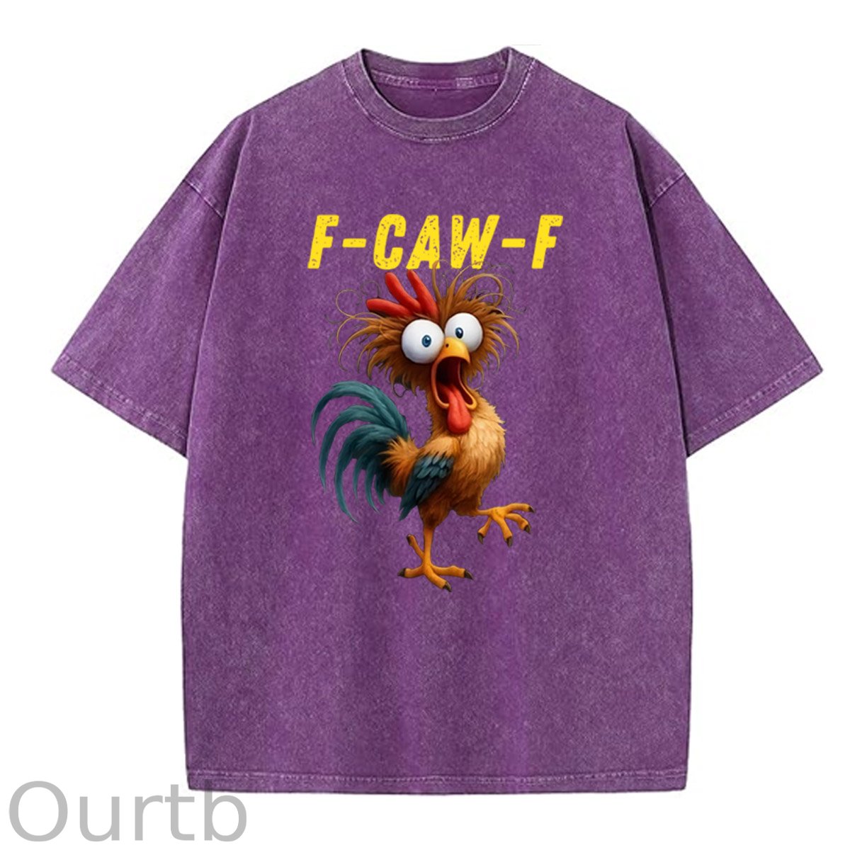 F-Caw-F Crazy Chicken Pattern  Washed Distressed Crew Neck 100% Cototon T-Shirt