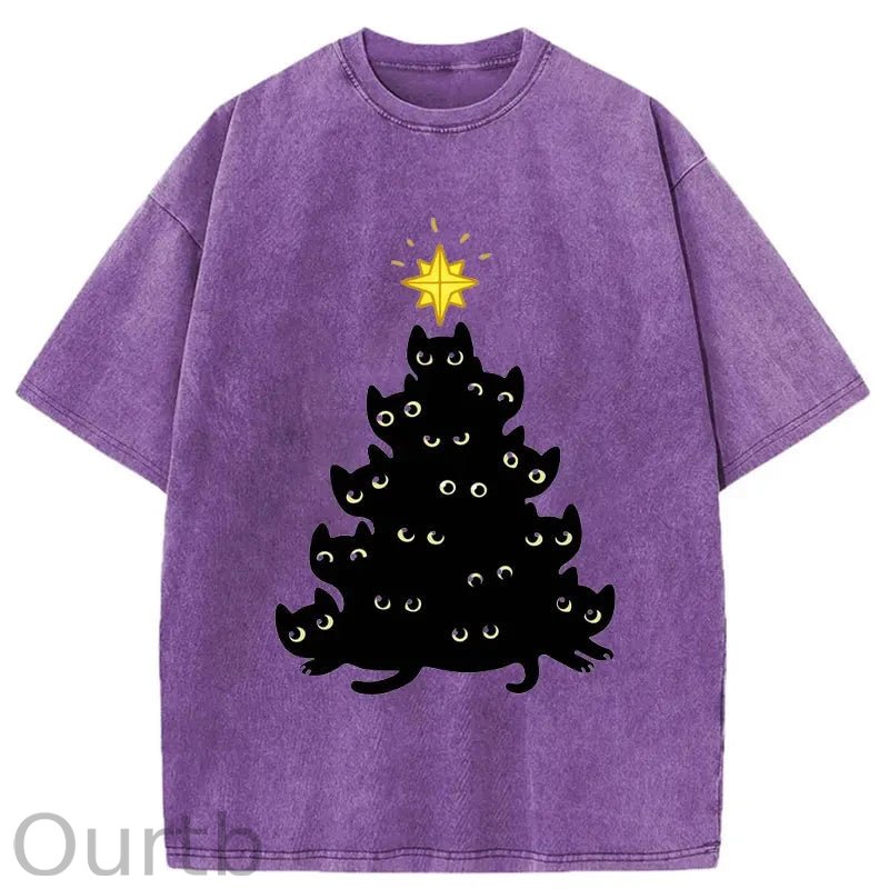 Black Cat Christmas Tree Washed T-Shirt