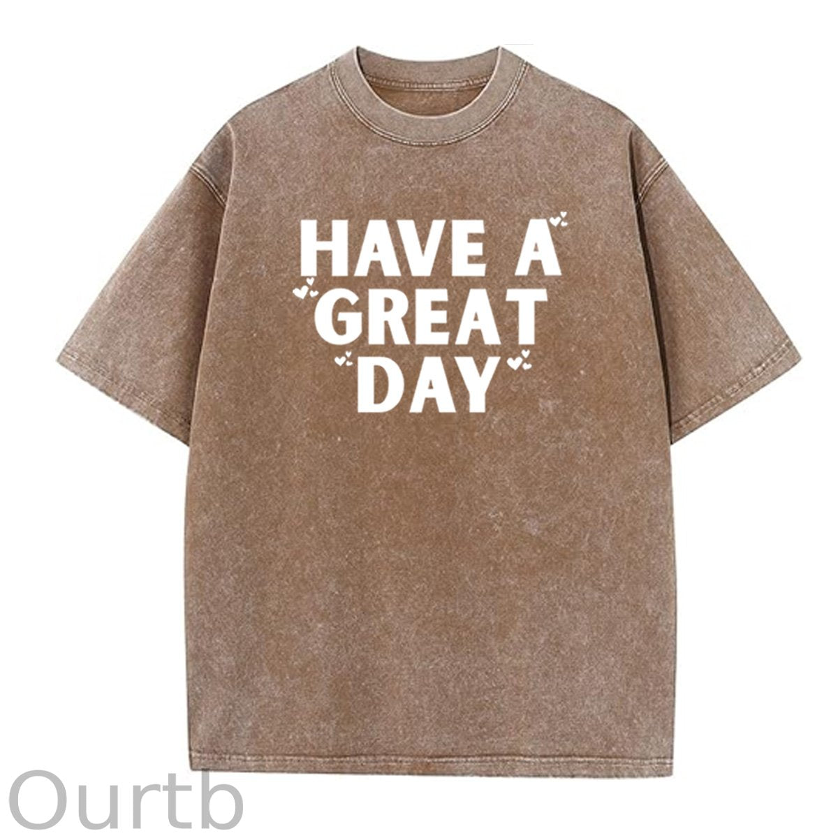 Have A Great Day Pattern  Washed Distressed Crew Neck 100% Cototon T-Shirt