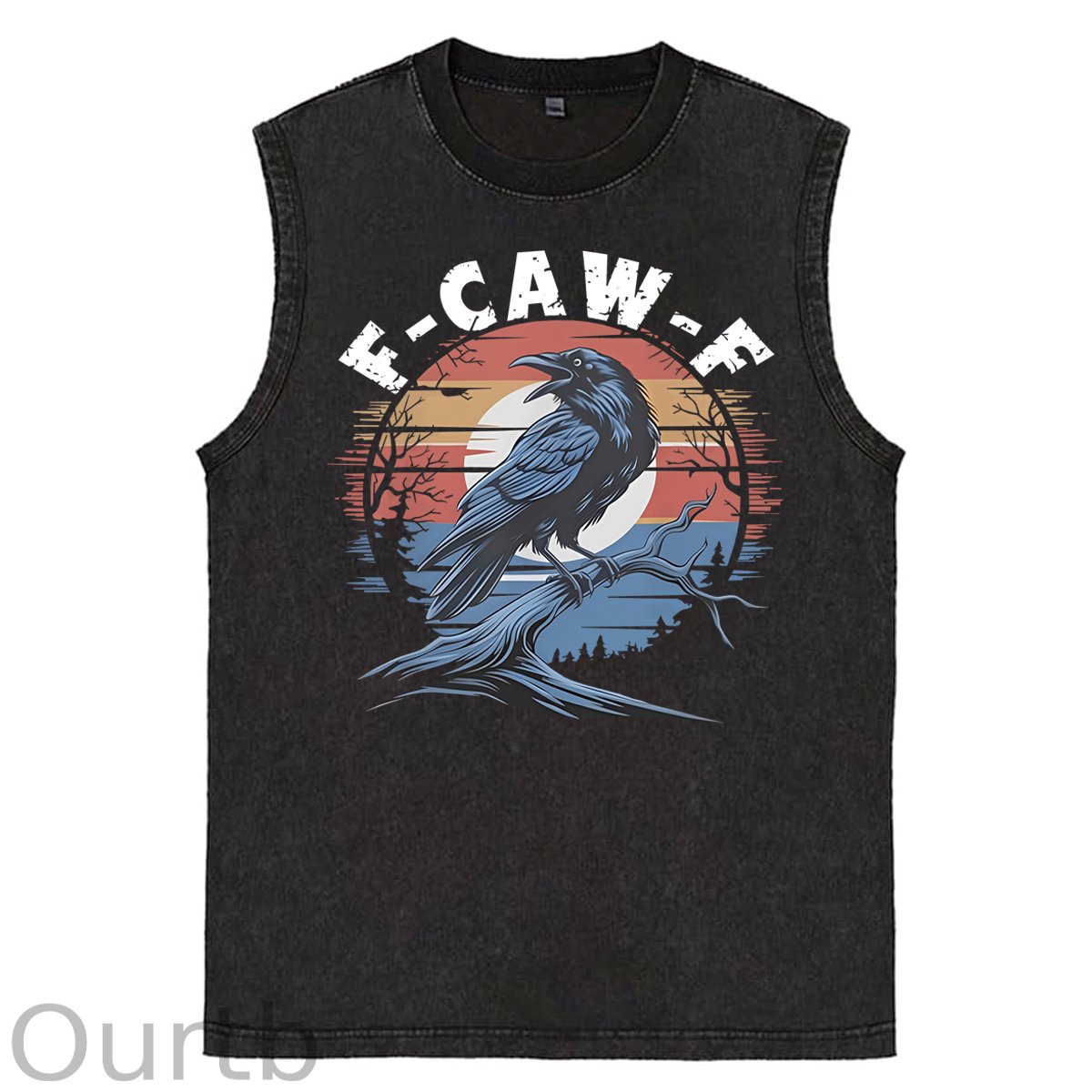 F-Caw-F Crow Print Washed Cotton Sleeveless Tank Tops