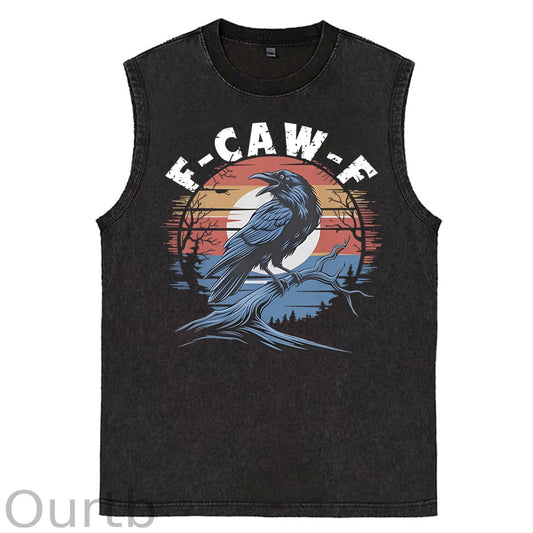 F-Caw-F Crow Print Washed Cotton Sleeveless Tank Tops