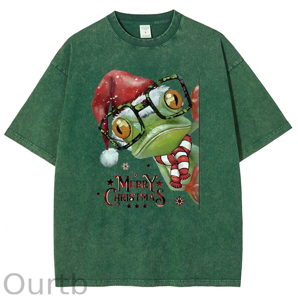 Unisex Christmas Frog Printed Washed Tee