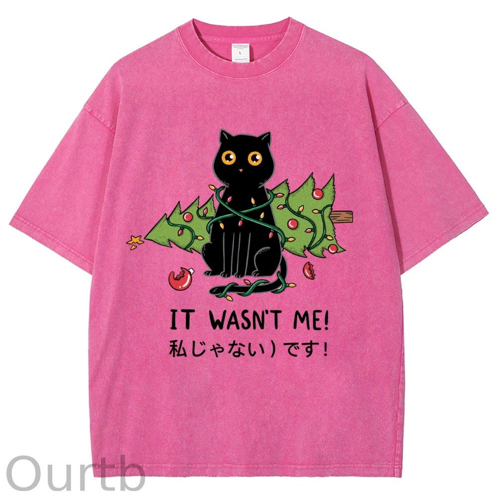 Unisex Christmas Cat Printed Washed Tee