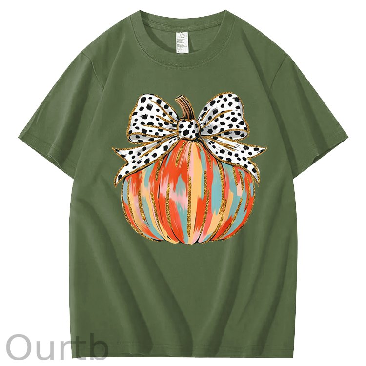 Coquette Bow Pumpkin Season Autumn Fall Leaves Thanksgiving 100% Cotton T-Shirt