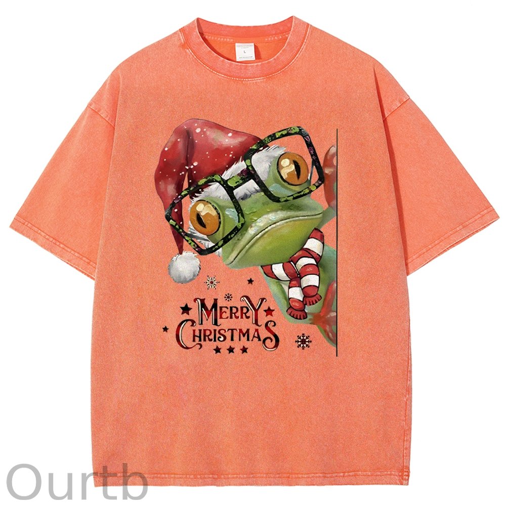 Unisex Christmas Frog Printed Washed Tee