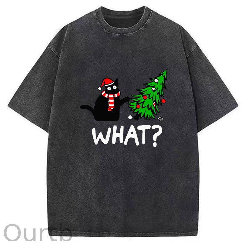 Black Cat What Christmas Washed T-Shirt