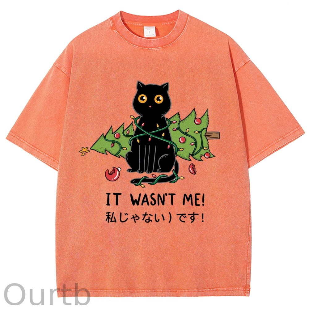 Unisex Christmas Cat Printed Washed Tee