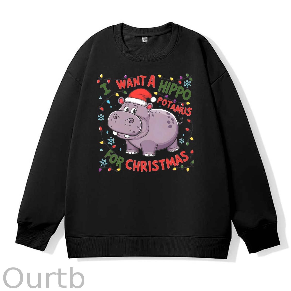 Christmas Hippo   Pattern 100% 300g CottonCrew Neck Sweatshirt