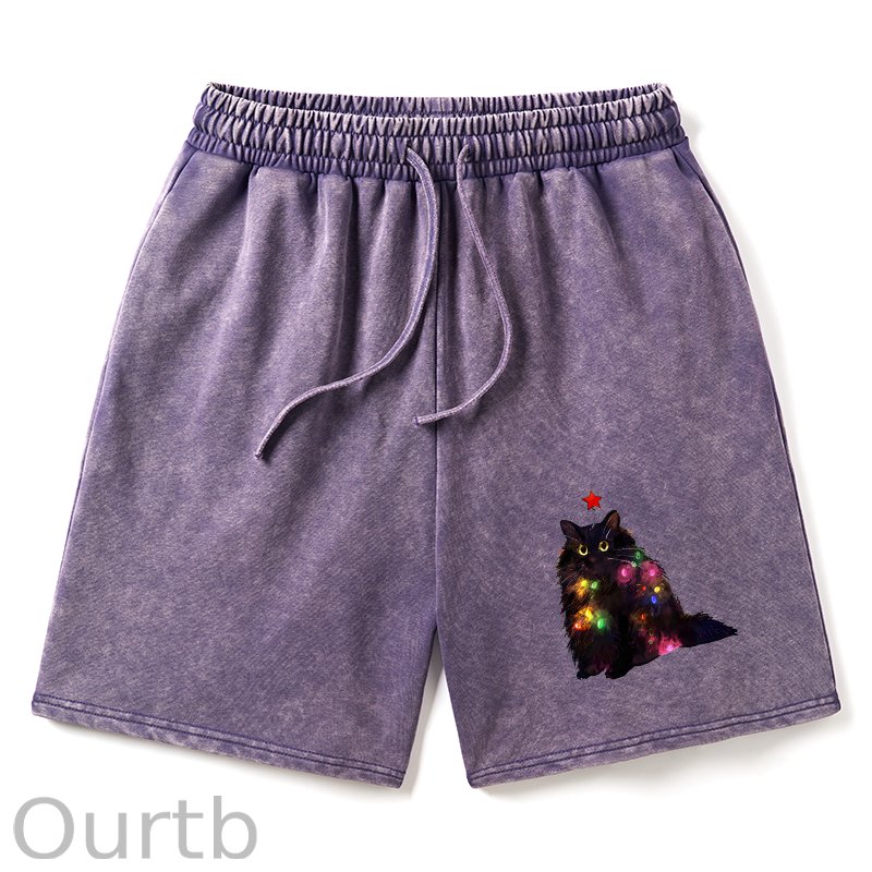 Christmas Lights Cat Washed Shorts