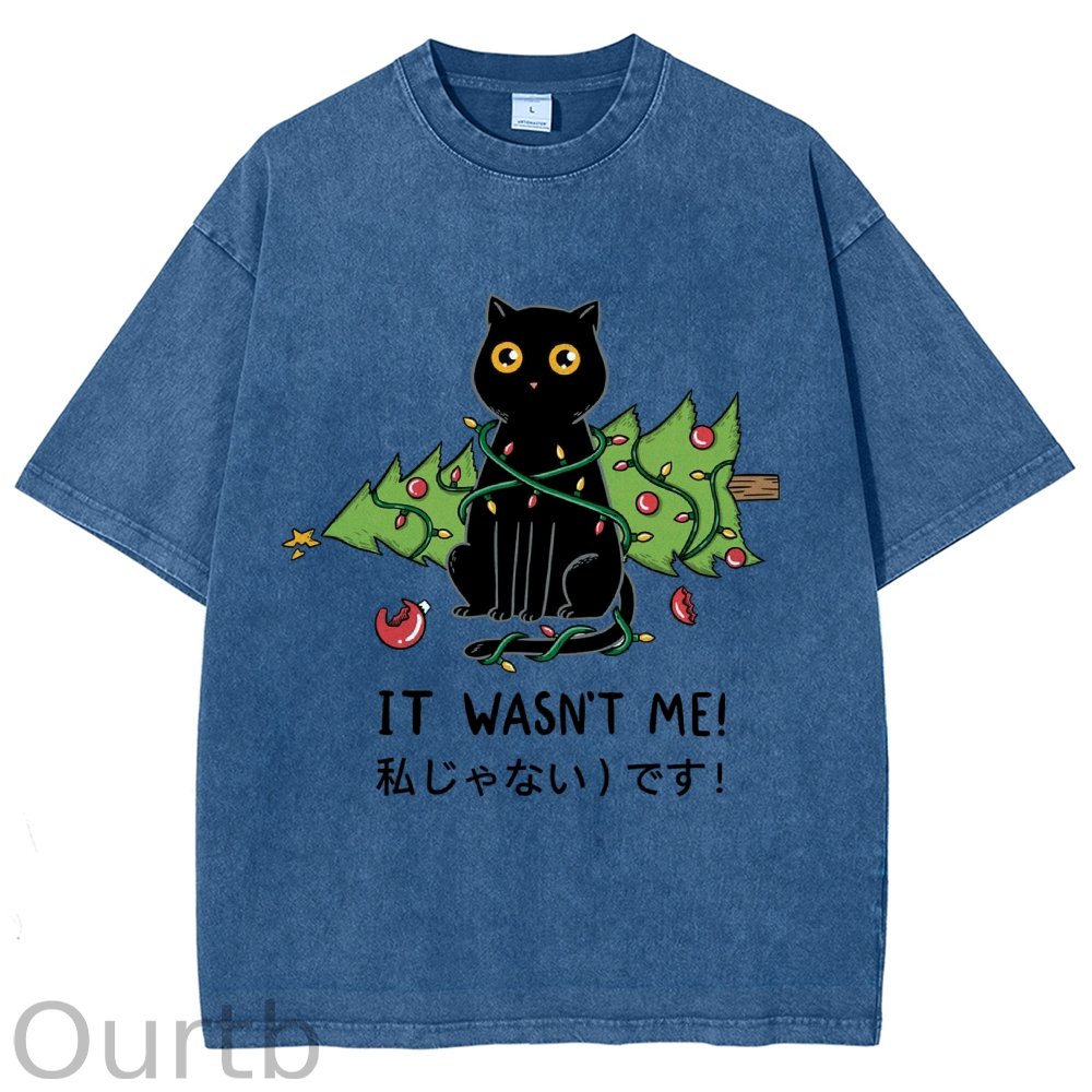 Unisex Christmas Cat Printed Washed Tee