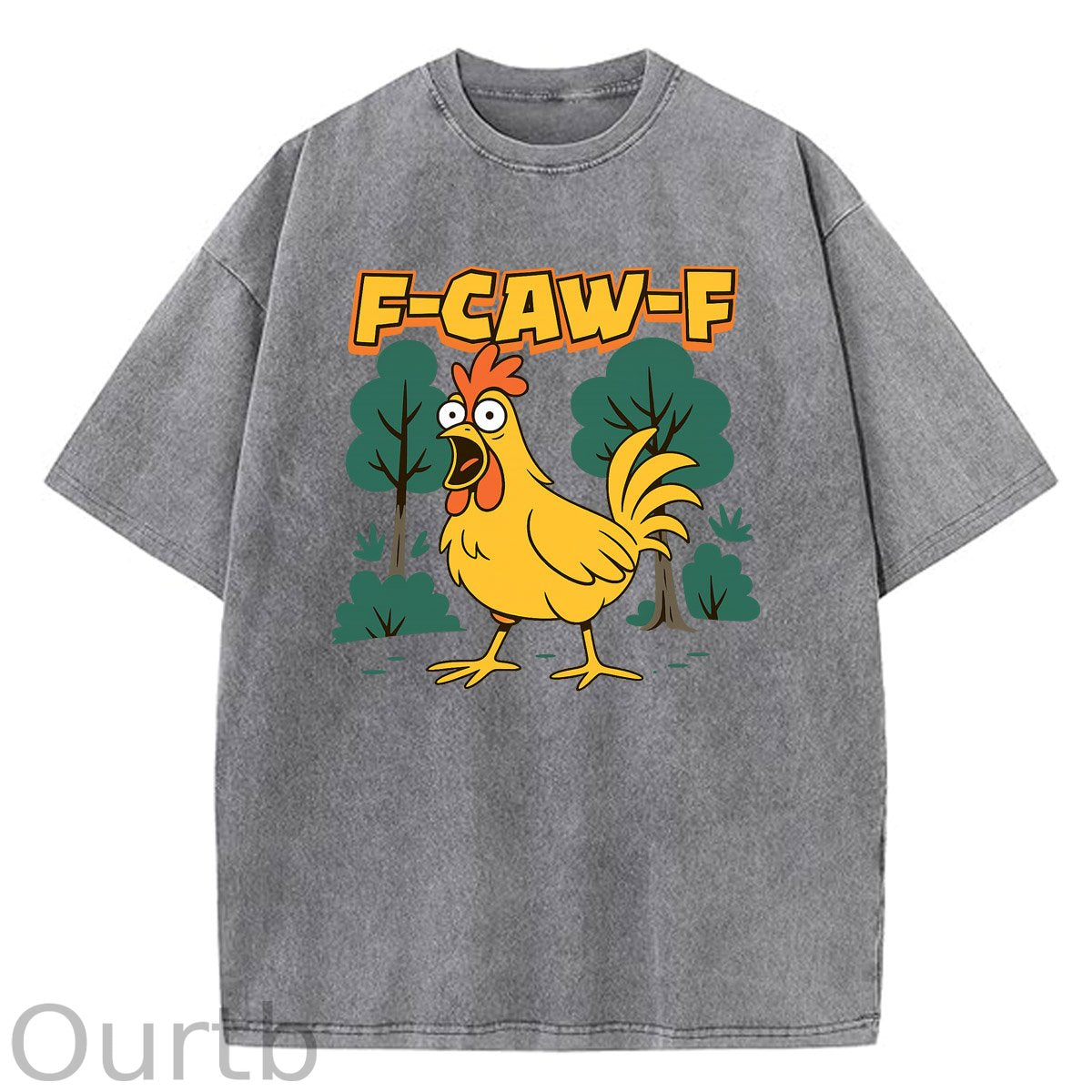 F-Caw-F Crazy Shocked Chicken Pattern  Washed Distressed Crew Neck 100% Cototon T-Shirt