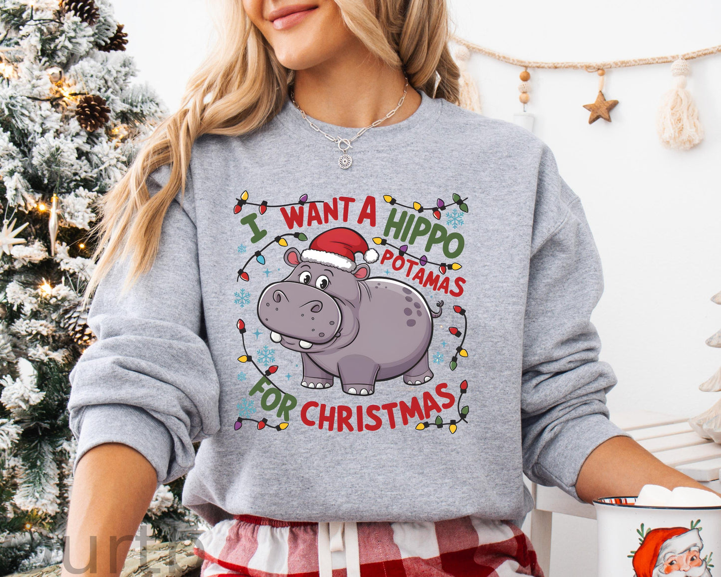Christmas Hippo   Pattern 100% 300g CottonCrew Neck Sweatshirt