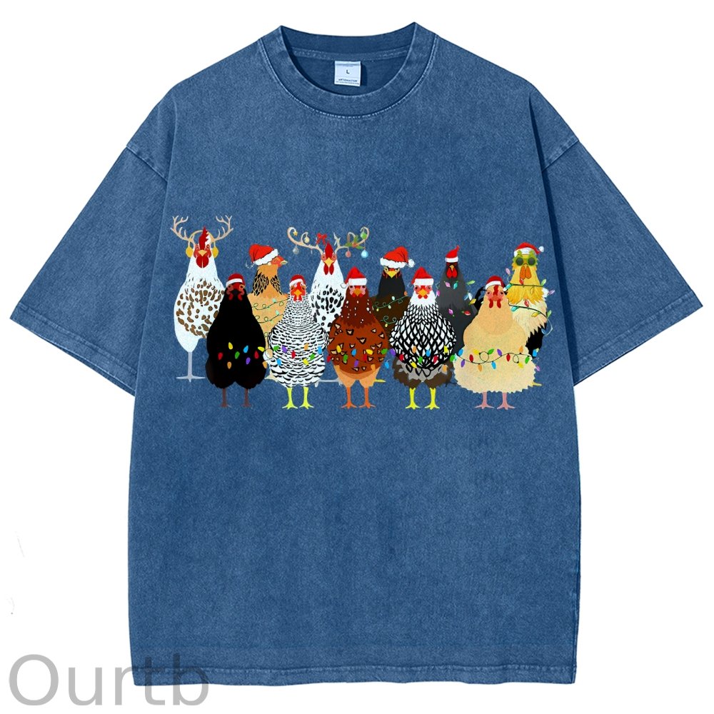 Unisex Christmas Chicken Printed Washed Tee