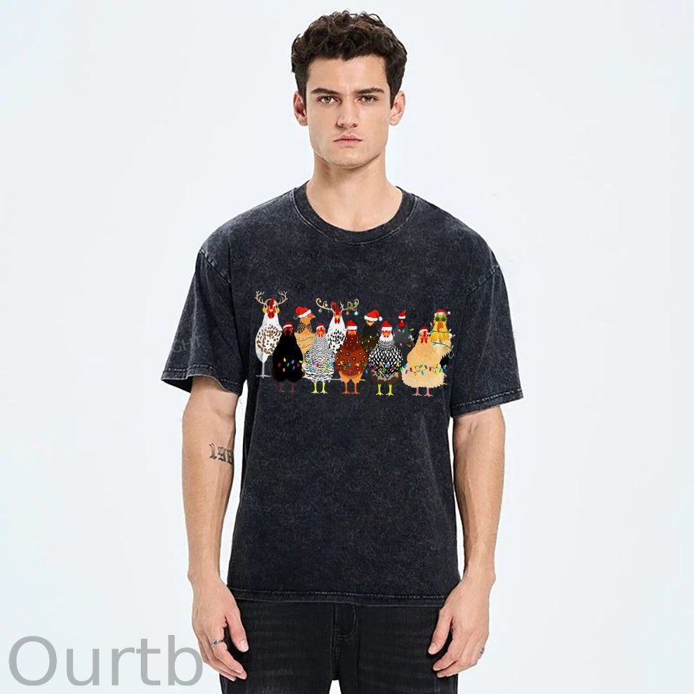 Unisex Christmas Chicken Printed Washed Tee