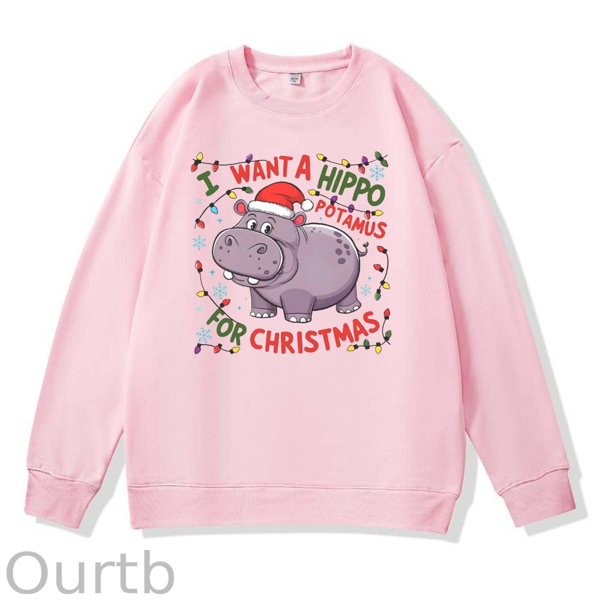 Christmas Hippo   Pattern 100% 300g CottonCrew Neck Sweatshirt
