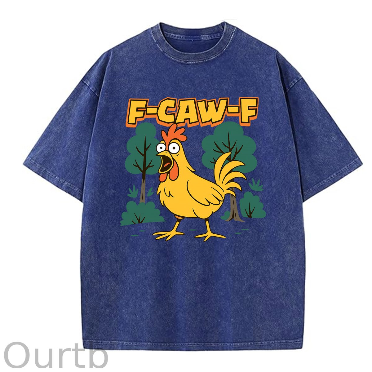F-Caw-F Crazy Shocked Chicken Pattern  Washed Distressed Crew Neck 100% Cototon T-Shirt