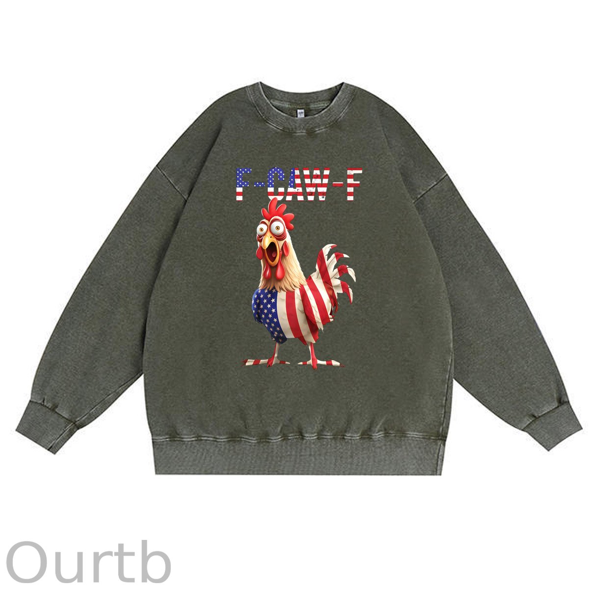 F-Caw-F  Shocked American Chicken Pattern  Vintage 100% 325g Cotton Washed Long Sleeve Sweatshirt