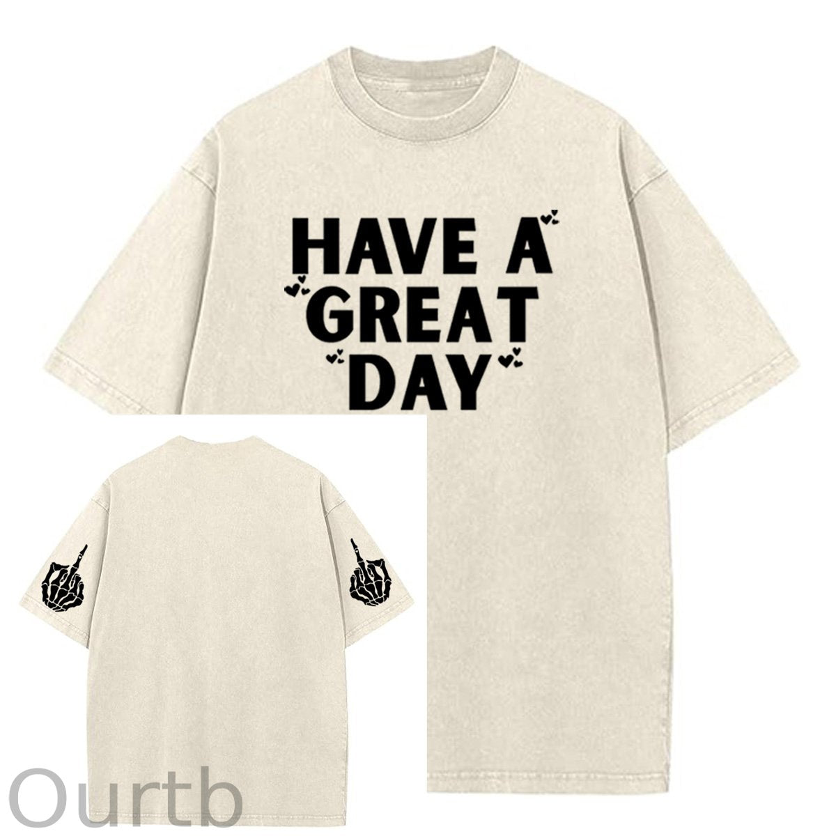 Have A Great Day Pattern  Washed Distressed Crew Neck 100% Cototon T-Shirt
