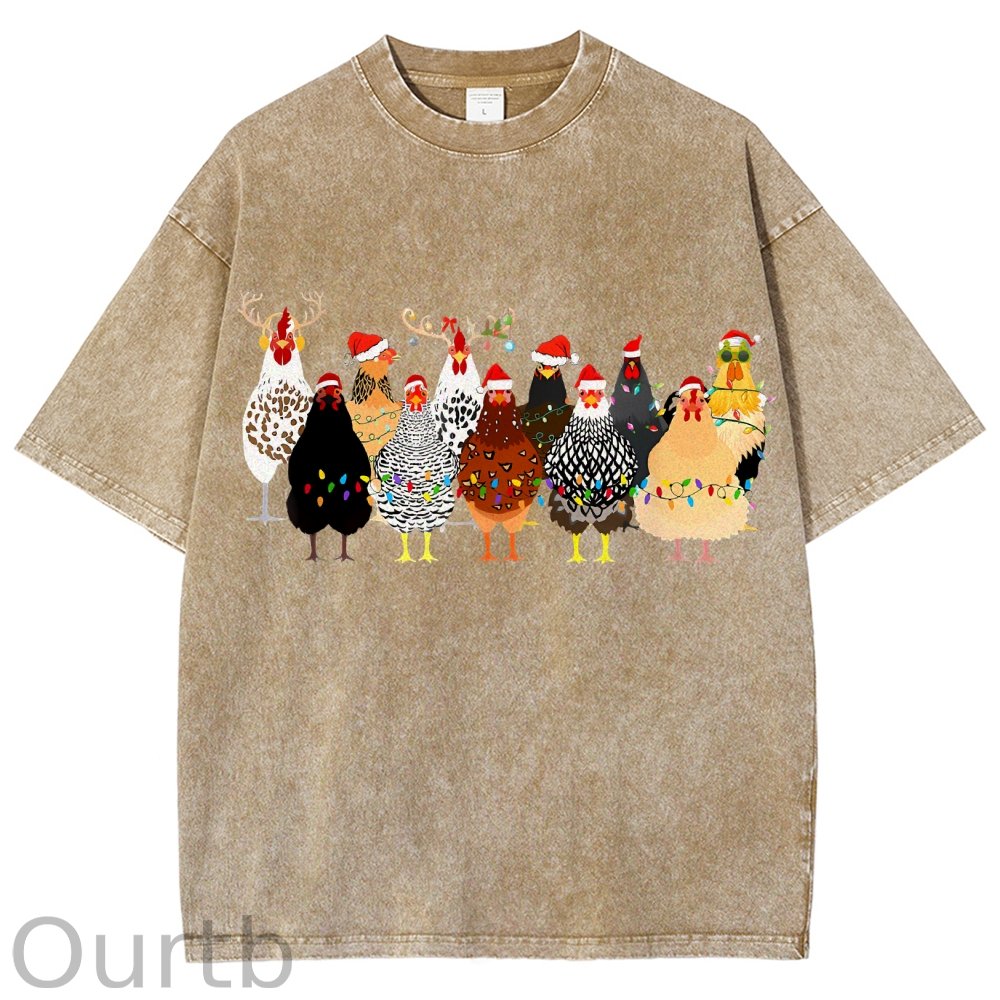 Unisex Christmas Chicken Printed Washed Tee