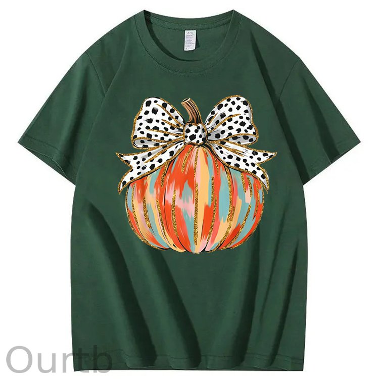 Coquette Bow Pumpkin Season Autumn Fall Leaves Thanksgiving 100% Cotton T-Shirt