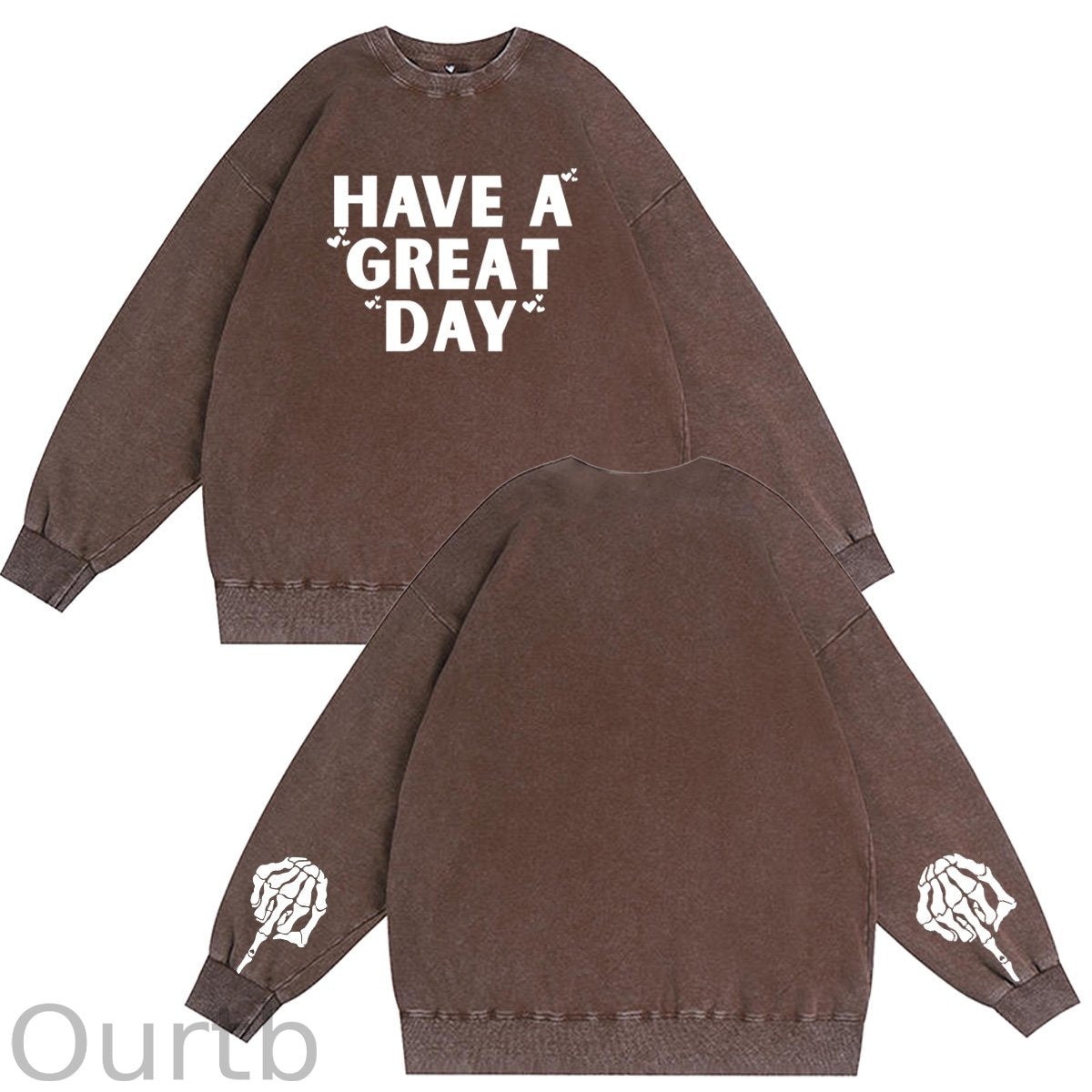 Have A Great Day Skull  Pattern Vintage 100% 325g Cotton Washed Long Sleeve Sweatshirt