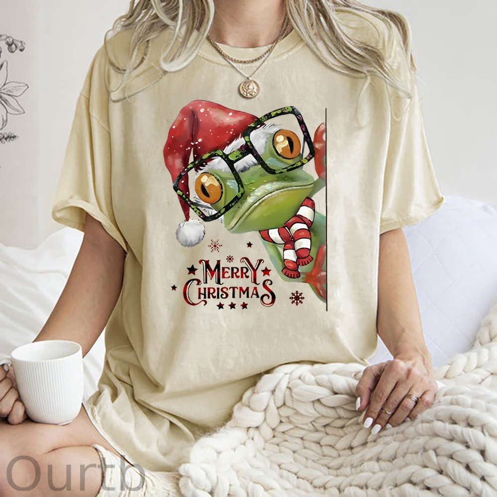 Unisex Christmas Frog Printed Washed Tee