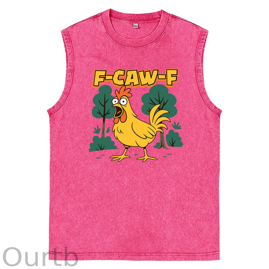 F-Caw-F Crazy Chicken  Pattern Sleeveless Cotton Washed Printed Loose Vest