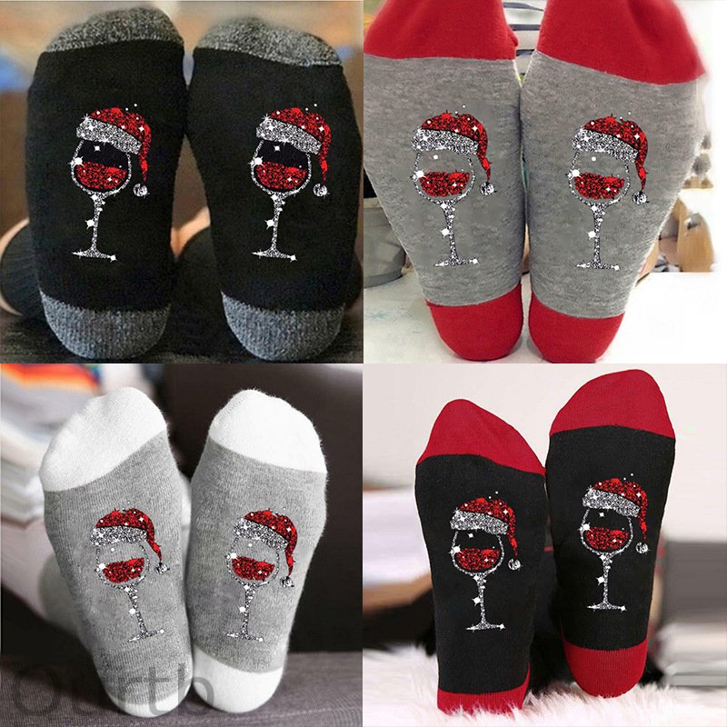 Autumn And Winter Cotton Socks, Men's And Women's Contrasting Colors, Red Wine Glasses, Christmas Socks, Cross-border Casual Long Socks, Sweat Absorbing Sports Socks