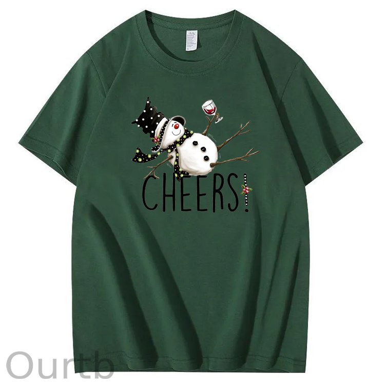Christmas Cheers Snowman Pattern 100% Cotton Crew Neck T-Shirt