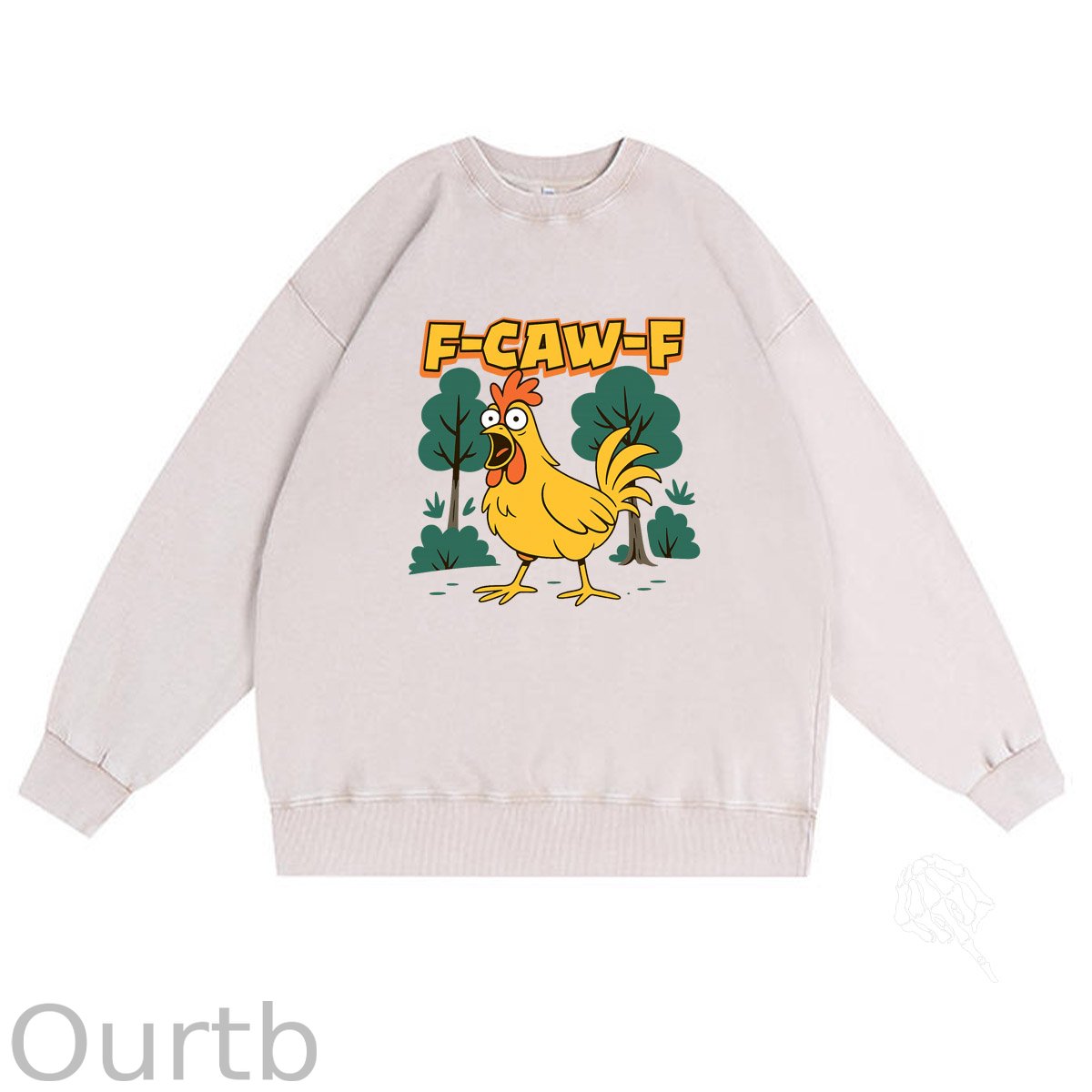 F-Caw-F Crazy Shocked Chicken Pattern  Vintage 100% 325g Cotton Washed Long Sleeve Sweatshirt