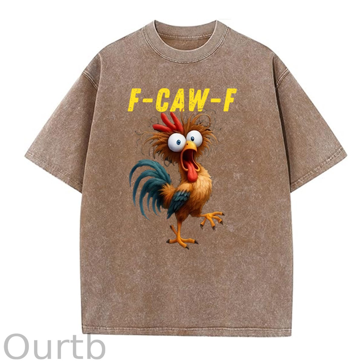 F-Caw-F Crazy Chicken Pattern  Washed Distressed Crew Neck 100% Cototon T-Shirt