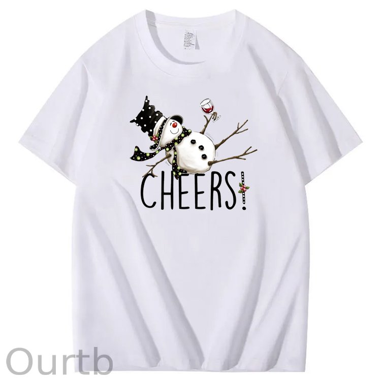 Christmas Cheers Snowman Pattern 100% Cotton Crew Neck T-Shirt