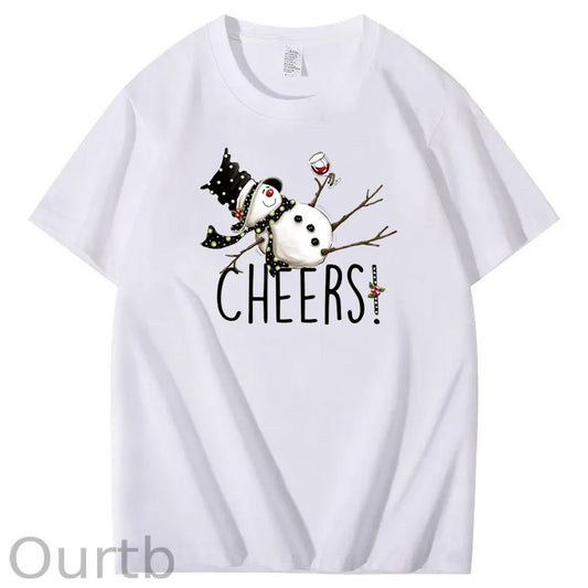 Christmas Cheers Snowman Pattern 100% Cotton Crew Neck T-Shirt