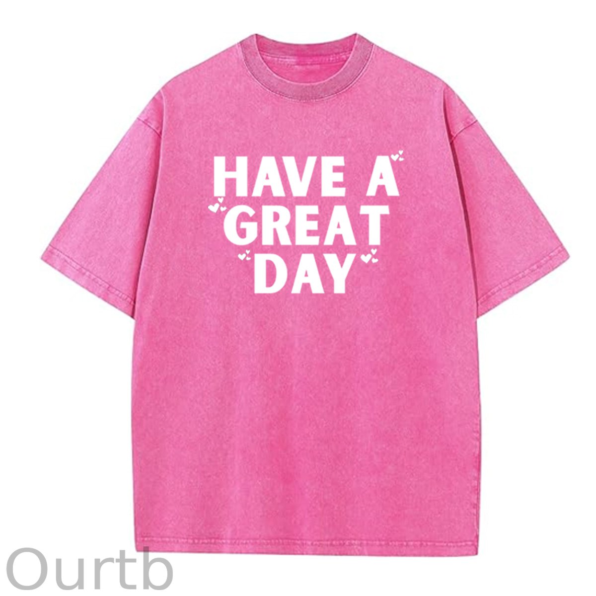Have A Great Day Pattern  Washed Distressed Crew Neck 100% Cototon T-Shirt