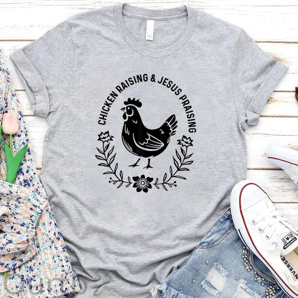 Chicken Raising&Jesus Parising Pattern Round-Neck T-Shirt